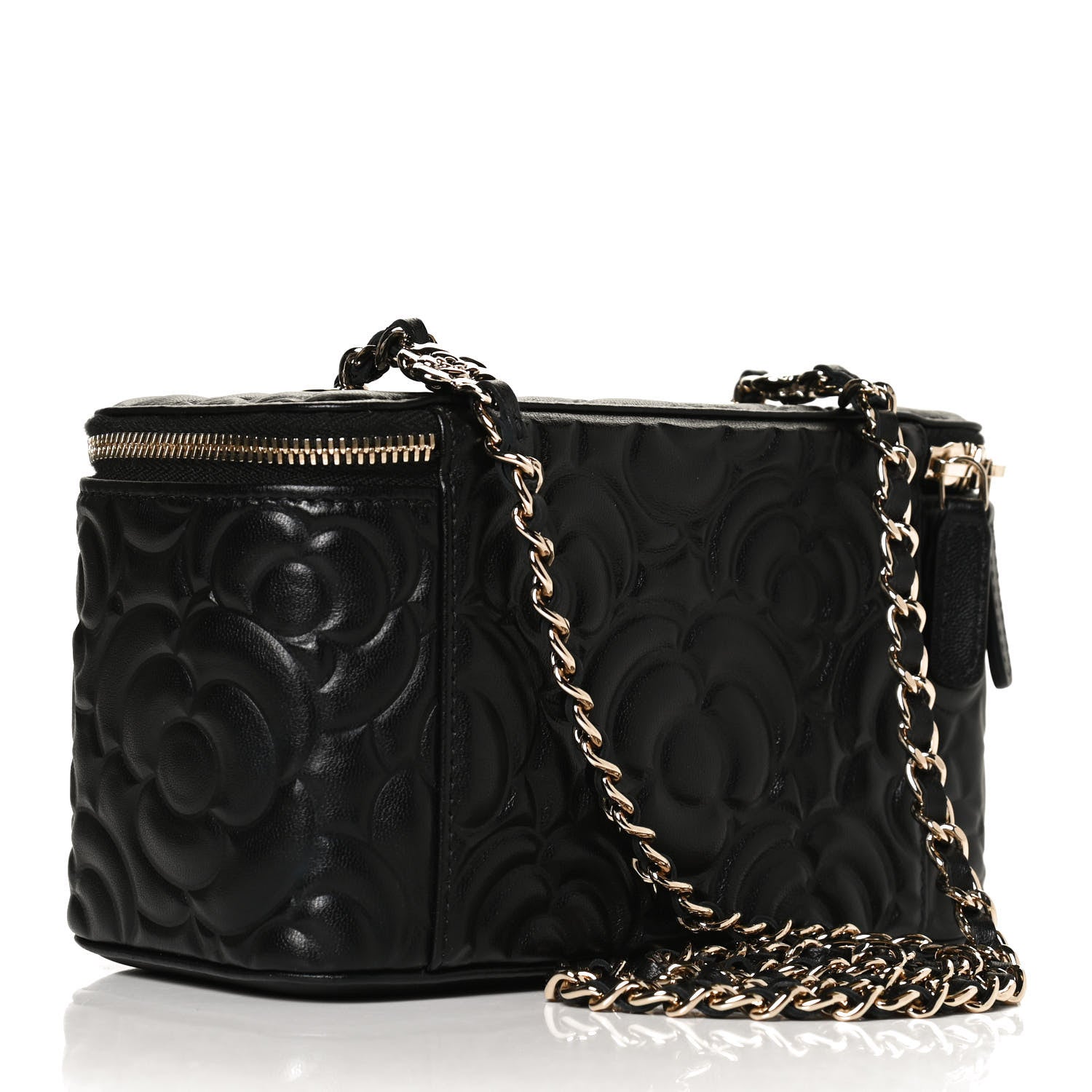 Chanel Lambskin Camellia Embossed Small Vanity Case With Chain Black 3 of 13