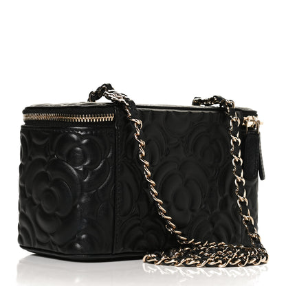 Chanel Lambskin Camellia Embossed Small Vanity Case With Chain Black 3 of 13
