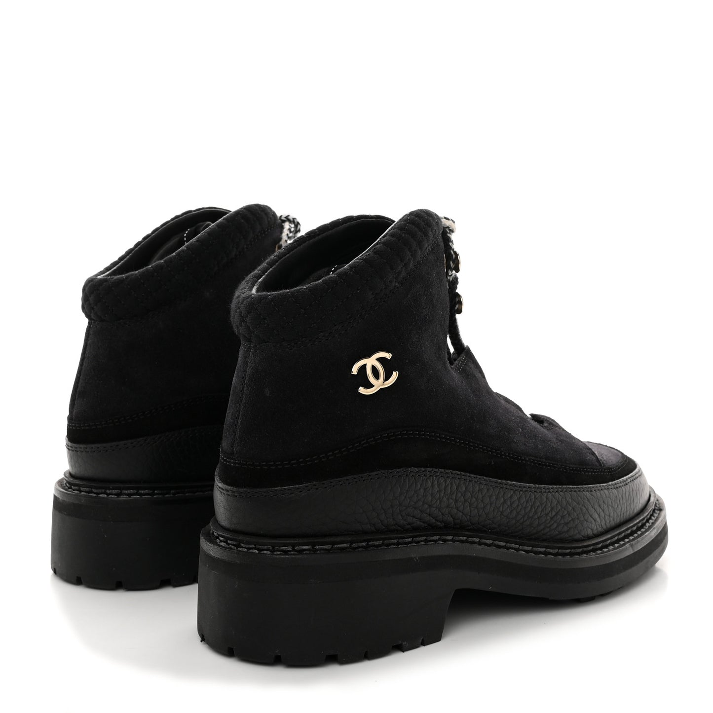 Suede Grained Calfskin CC Lace Up Boots 37 Black