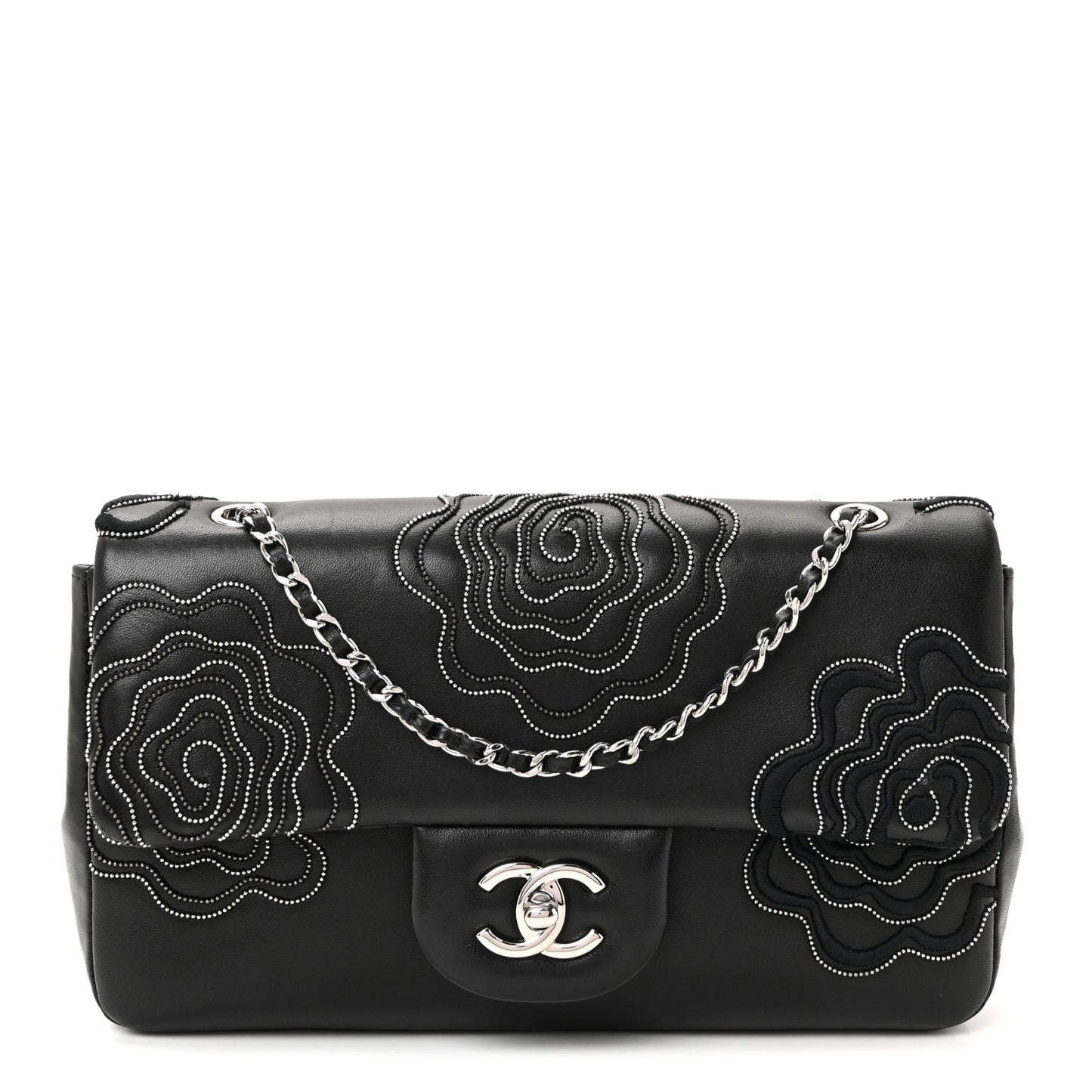 Lambskin Embroidered Camellia Follies Flap Black