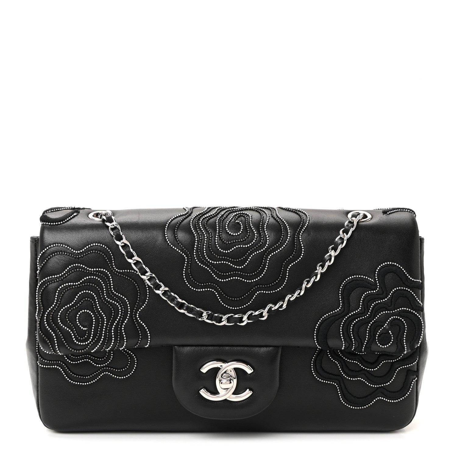 Chanel Lambskin Embroidered Camellia Follies Flap Black 1 of 10