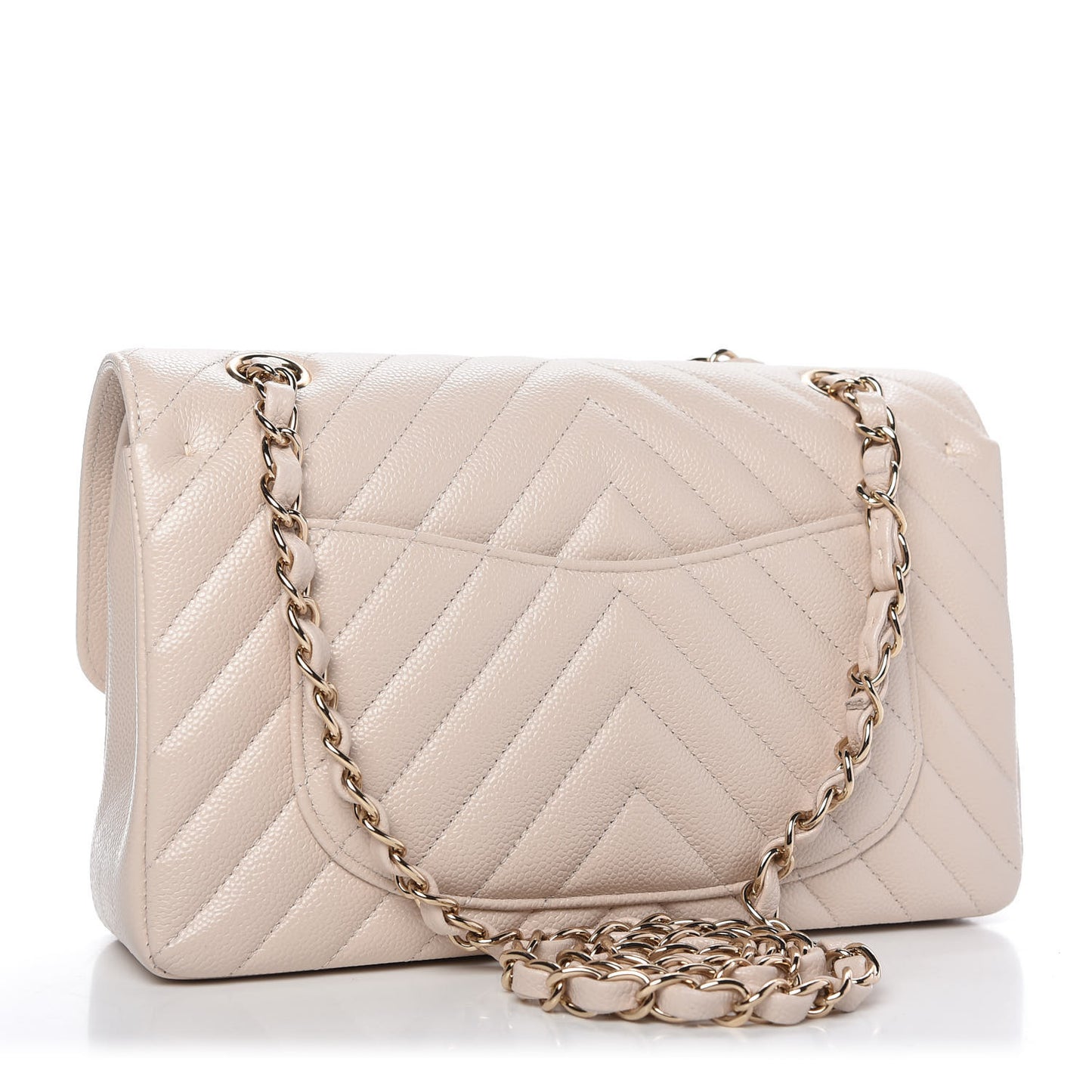 Caviar Chevron Quilted Small Double Flap Beige