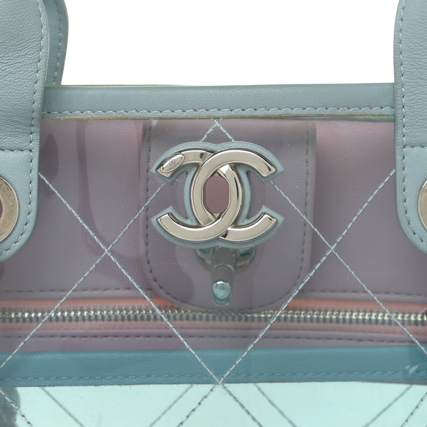 PVC Lambskin Stitched Medium Coco Splash Shopping Bag Blue Green Pink
