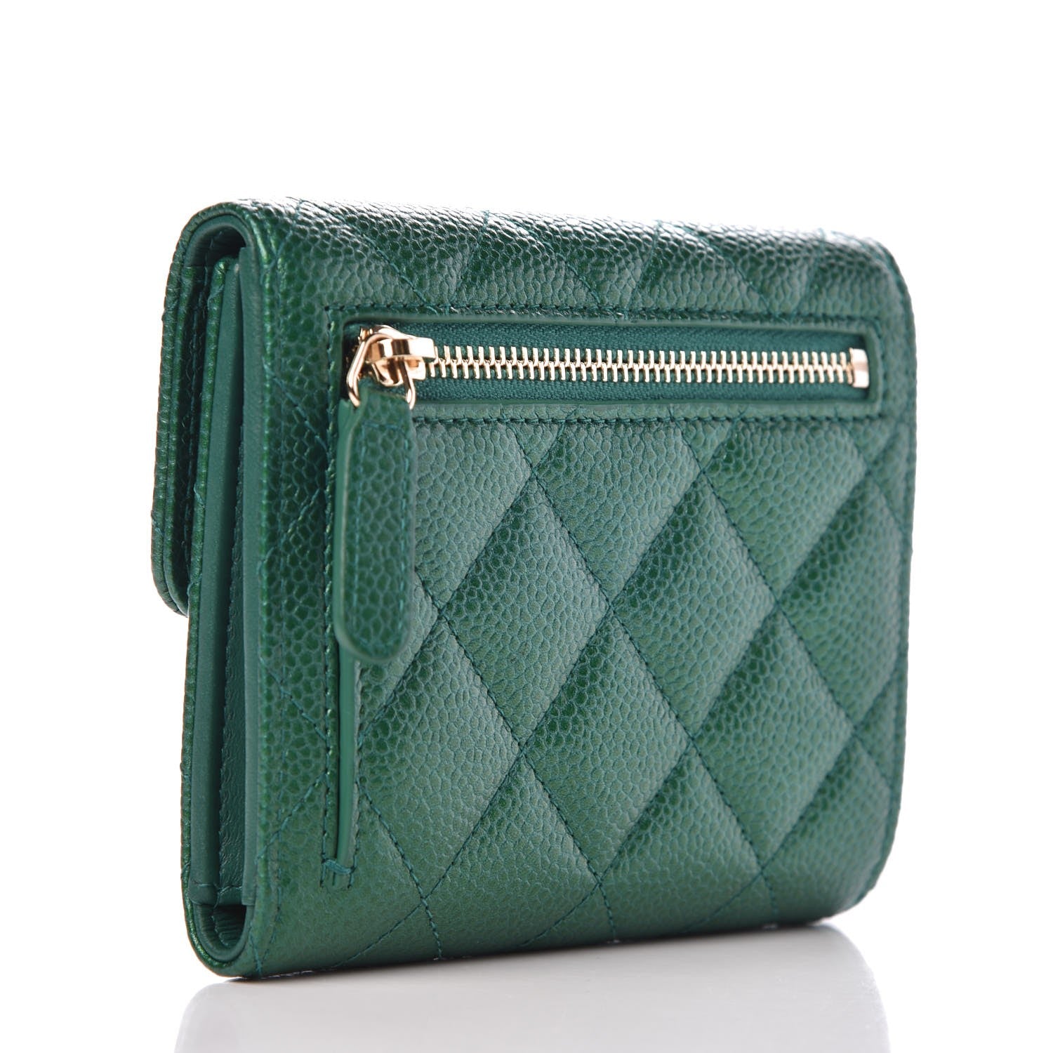 Chanel Metallic Quilted Compact Flap Wallet Green 3 of 9