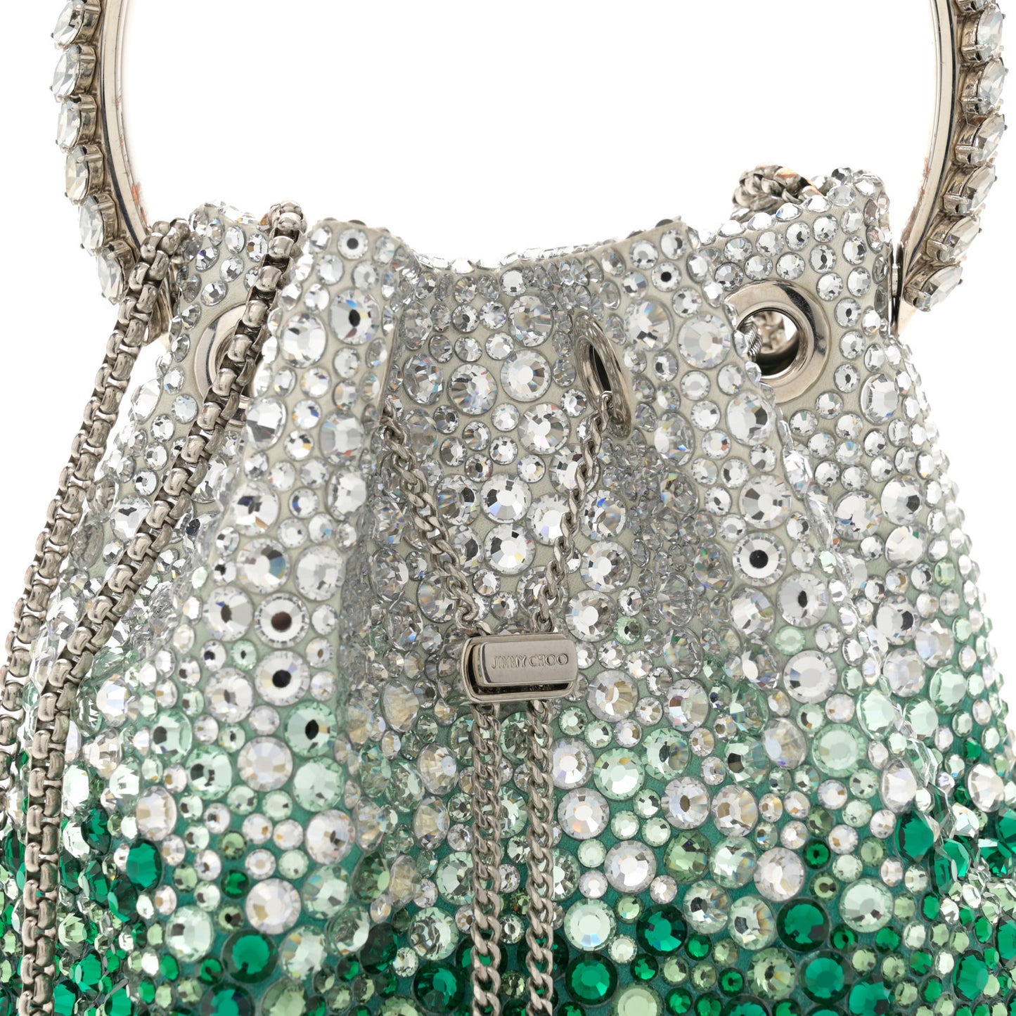 Satin Hotfix Crystal Embellished Bon Bon Bucket Bag Green Silver