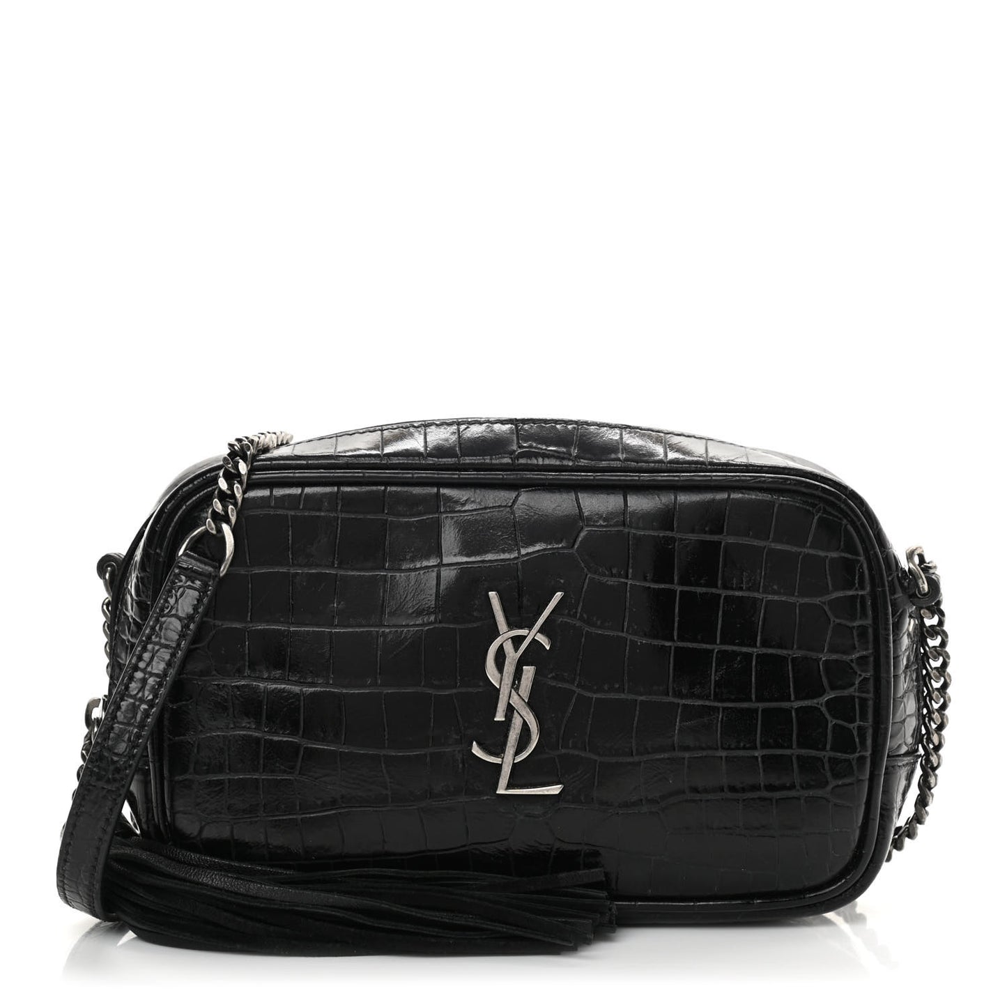 Calfskin Crocodile Embossed Monogram Mini Lou Camera Bag Black