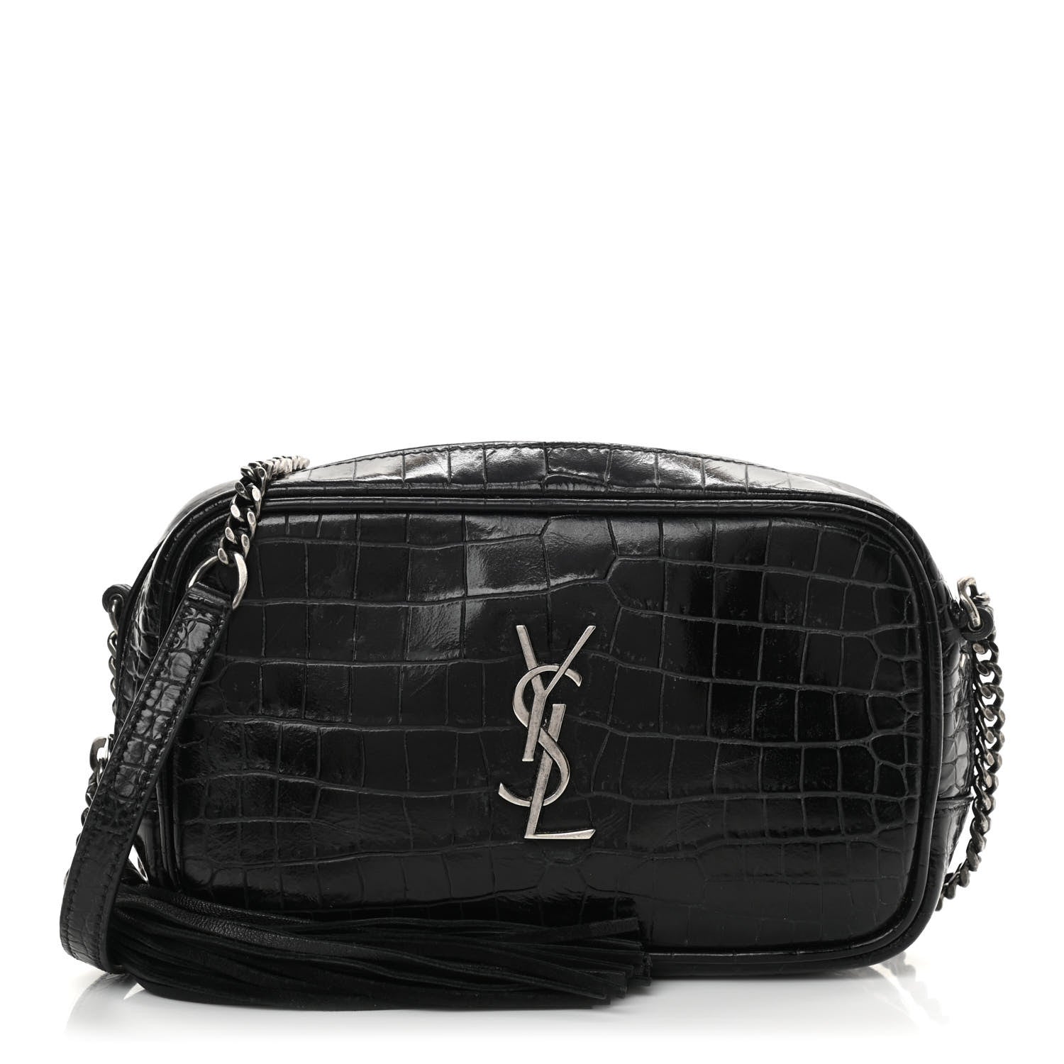 Saint Laurent Calfskin Crocodile Embossed Monogram Mini Lou Camera Bag Black 1 of 15