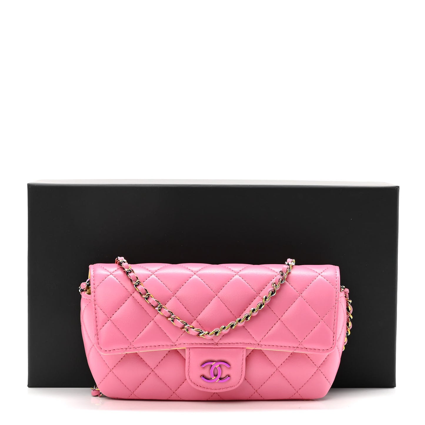Lambskin Quilted Glasses Case With Chain Pink Yellow