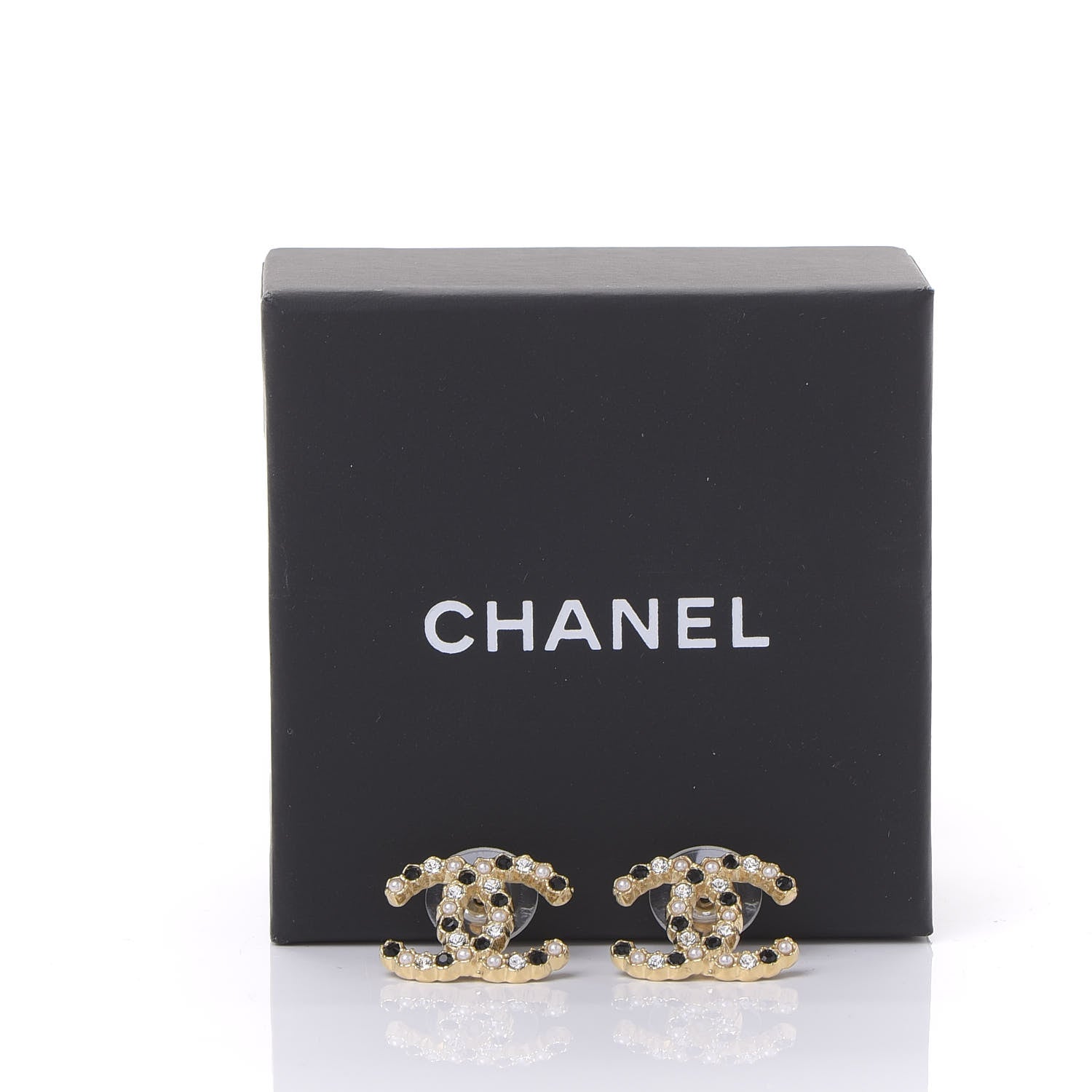 Chanel Resin Pearl Crystal CC Earrings Gold Black 5 of 5