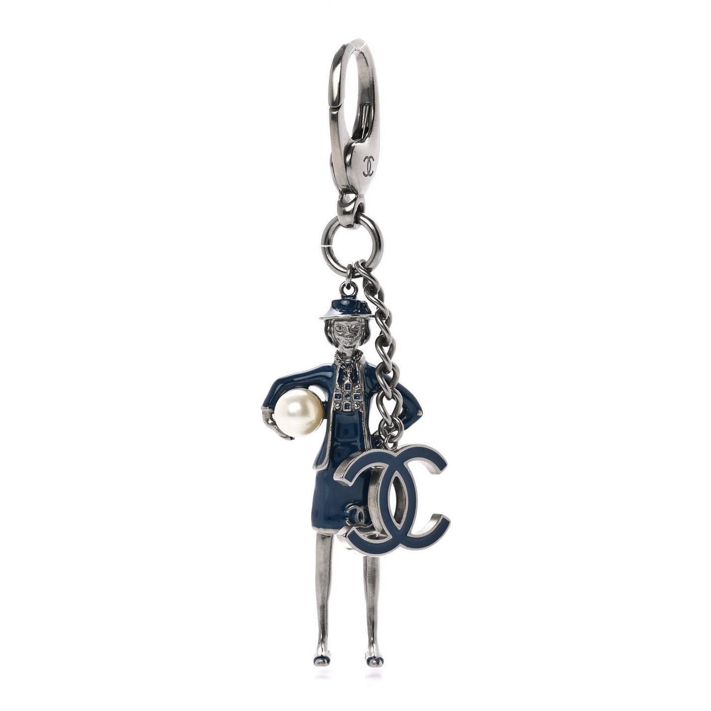Enamel Pearl Coco Chanel Bag Charm Navy Silver