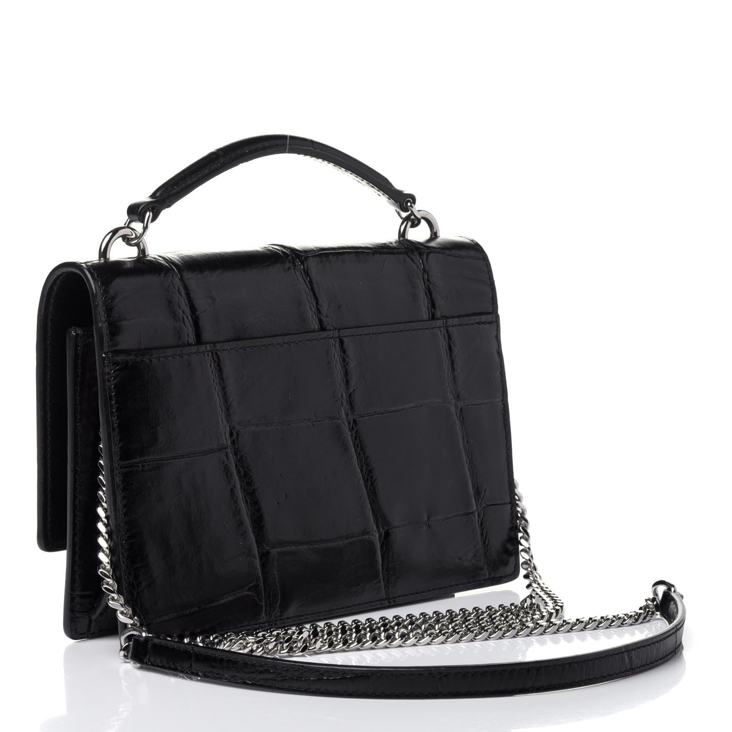 Saint Laurent Calfskin Crocodile Embossed Monogram Sunset Top Handle Chain Wallet Black 2 of 5