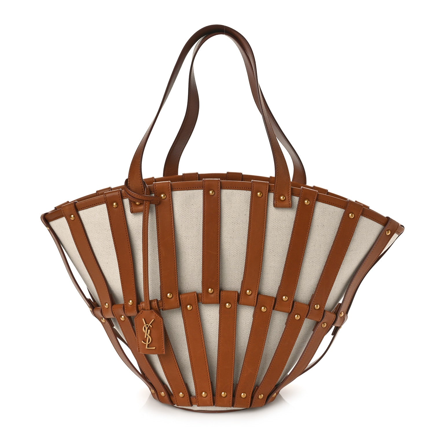 Saint Laurent Calfskin Canvas Beatrix Panier Cut Out Tote Grege Brick 1 of 8