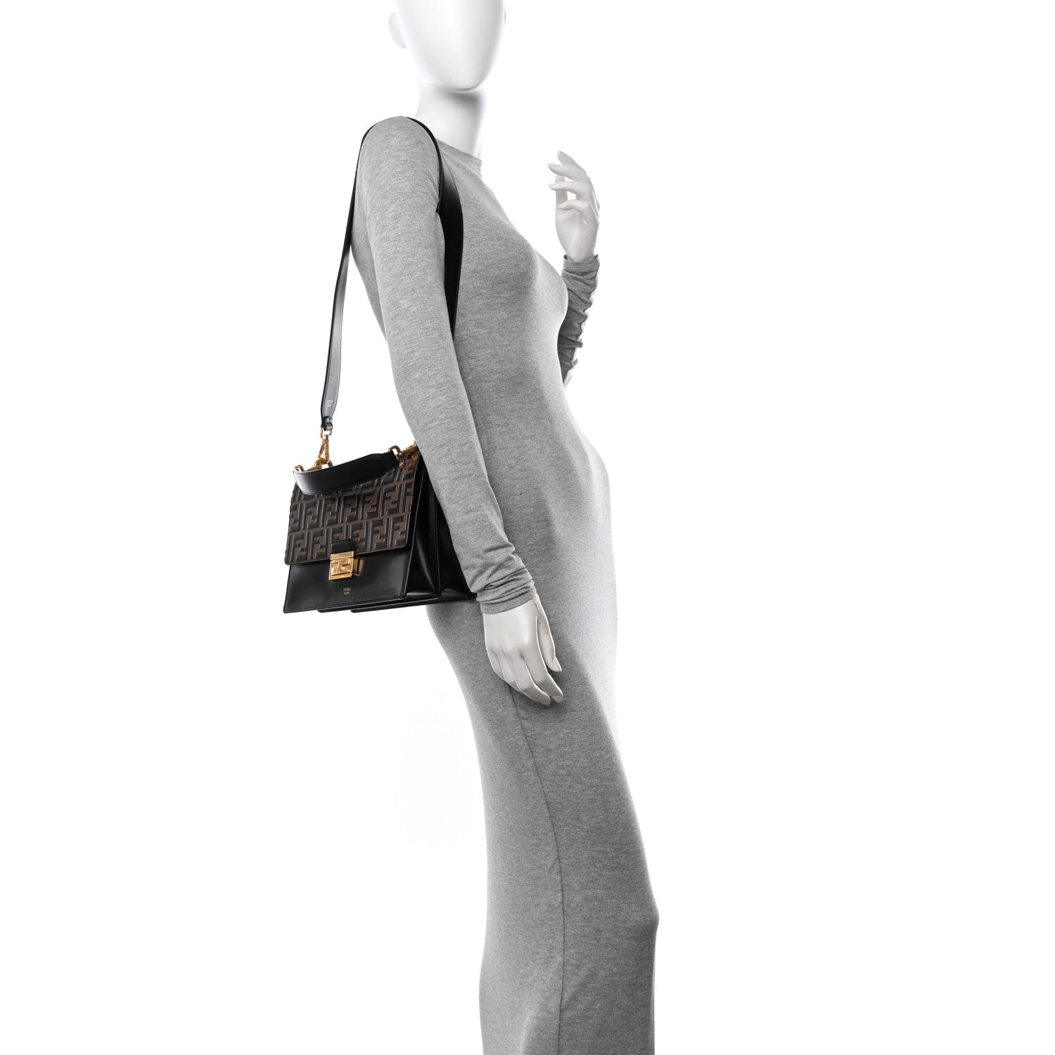 Fendi Vitello Liberty Bi-Color FF 1974 Embossed Kan U Shoulder Bag Black Maya 2 of 13