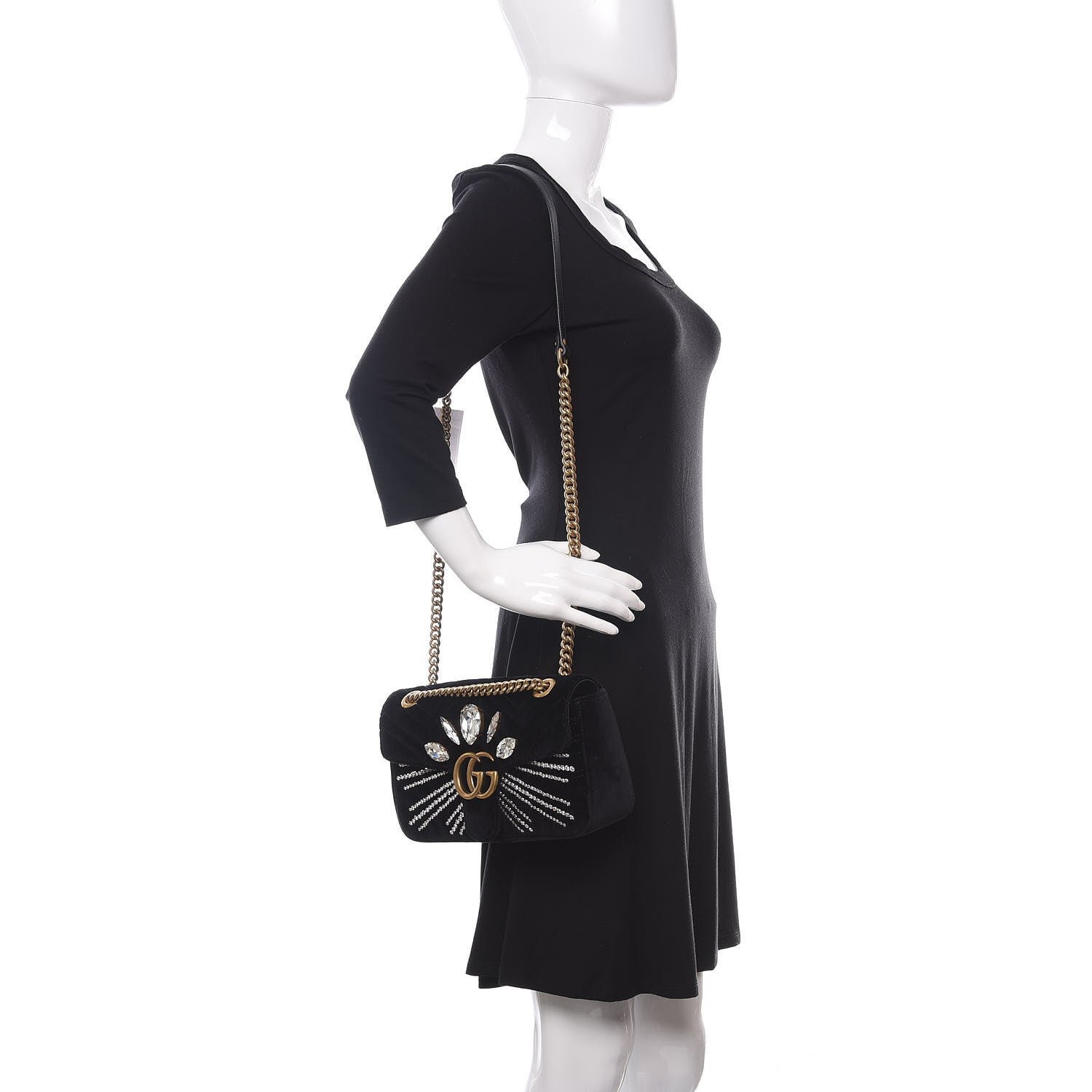 Gucci Velvet Matelasse Marquise Crystals Embroidered Small GG Marmont Shoulder Bag Black 2 of 11