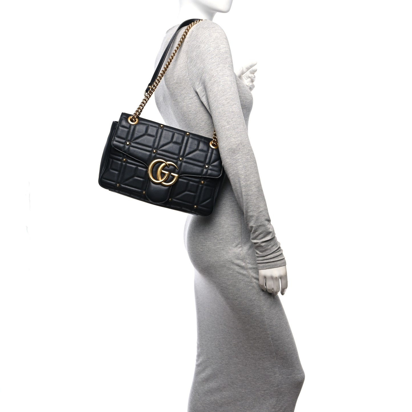 Calfskin Matelasse Studded Medium GG Marmont Shoulder Bag Black