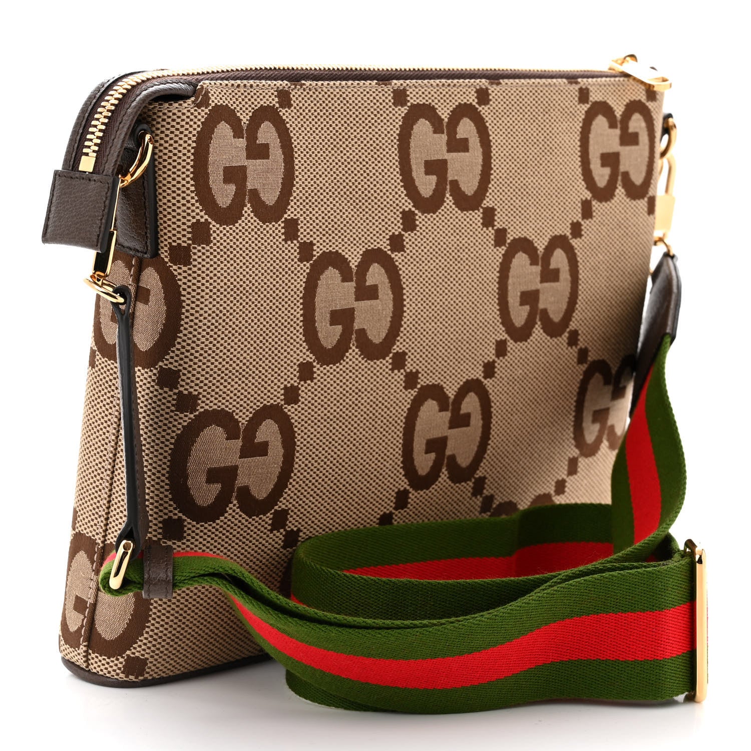Gucci Monogram Jumbo GG Textured Dollar Calfskin Web Wristlet Messenger Bag Camel Ebony New Acero 3 of 10