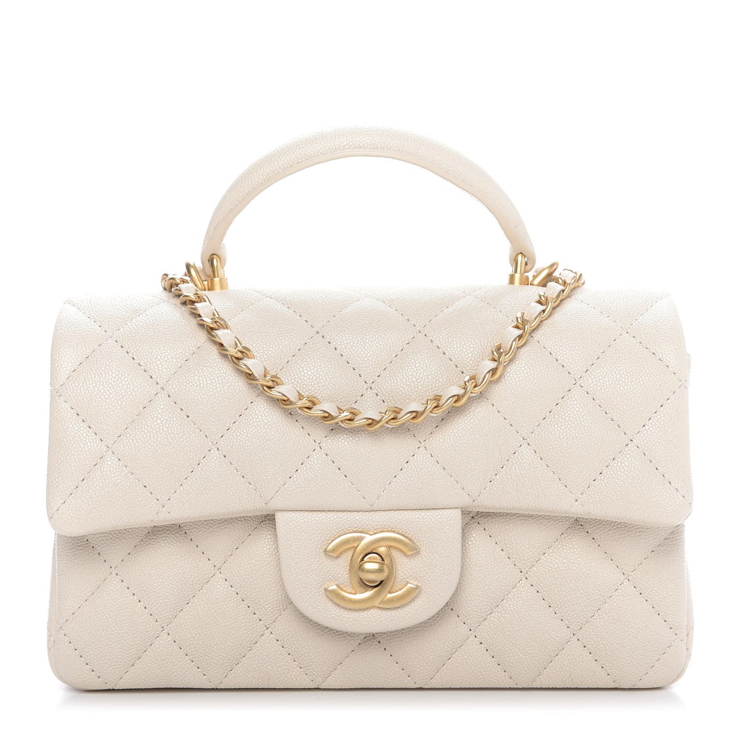 Caviar Quilted Mini Top Handle Rectangular Flap Beige