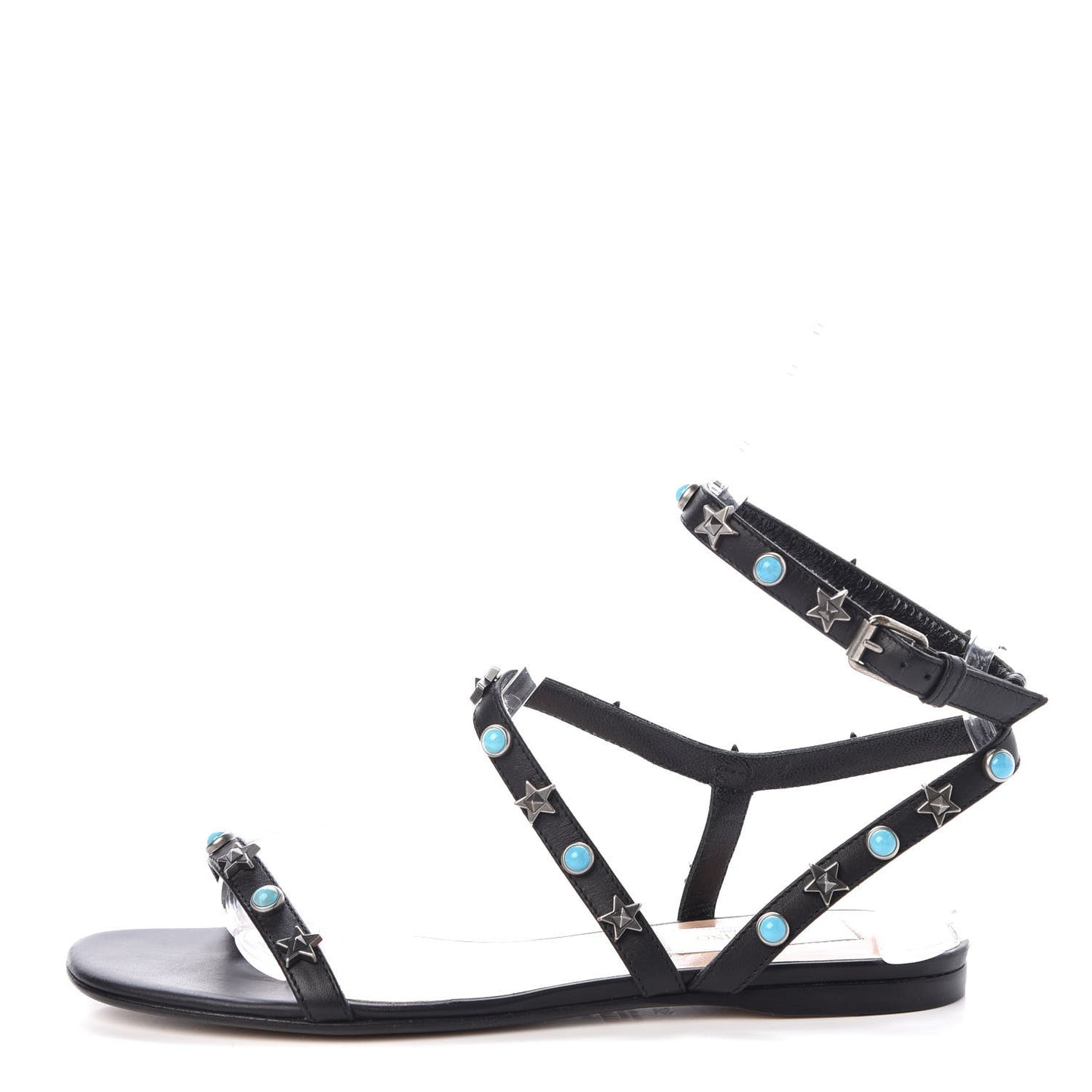 Calfskin Rockstud Rolling Ankle Wrap Flat Sandals 35 Black