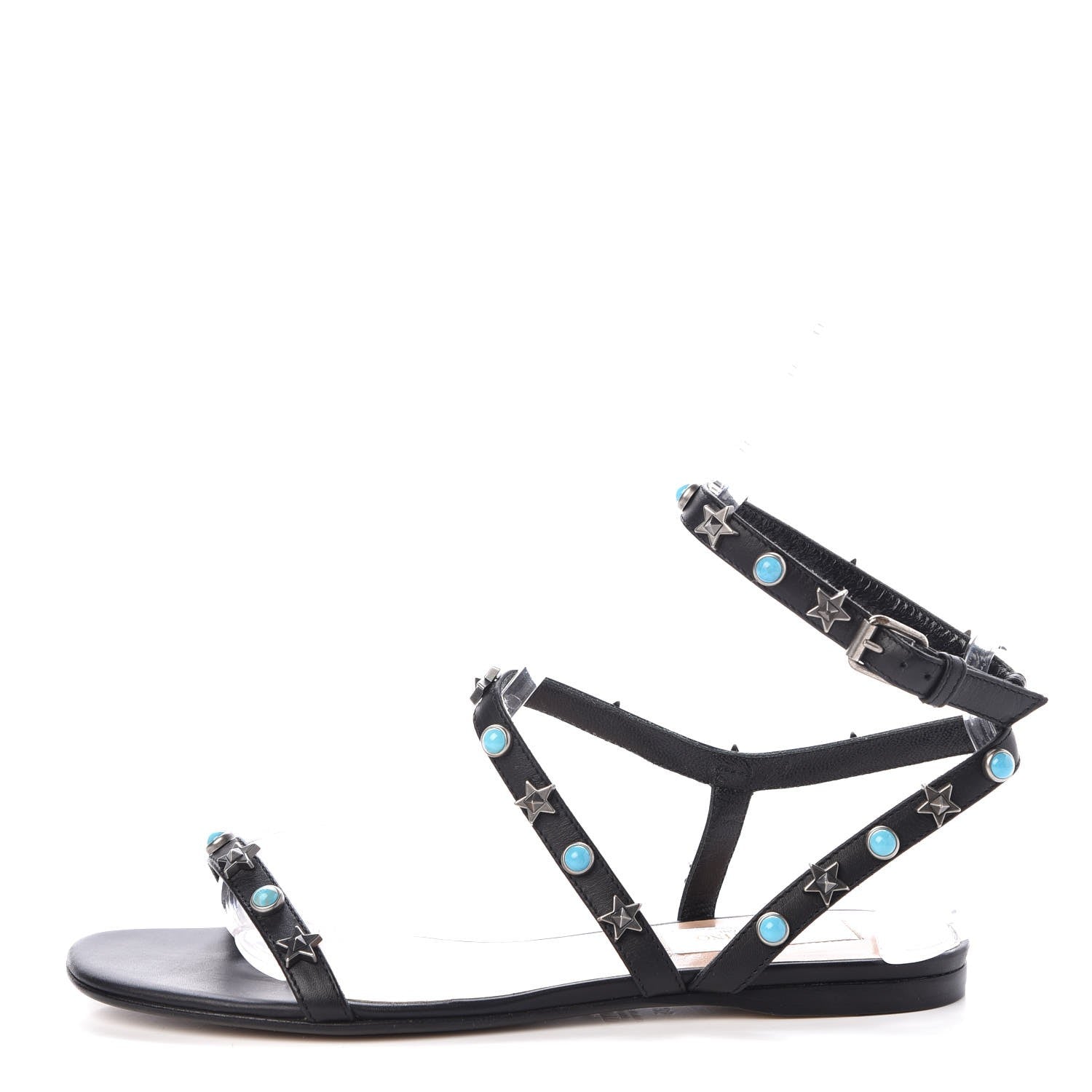 Valentino Garavani Calfskin Rockstud Rolling Ankle Wrap Flat Sandals 35 Black 1 of 7