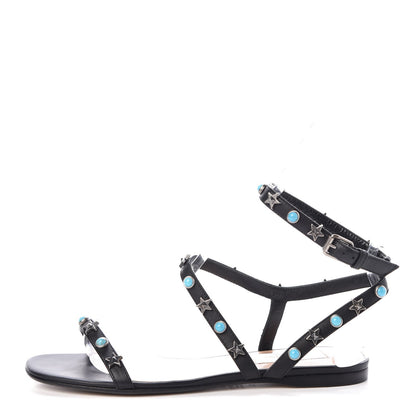 Valentino Garavani Calfskin Rockstud Rolling Ankle Wrap Flat Sandals 35 Black 1 of 7
