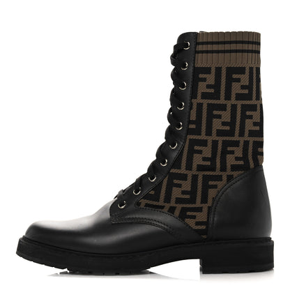 Fendi Calfskin Stretch Fabric FF Rockoko Biker Boots 41 Black Tobacco 1 of 13