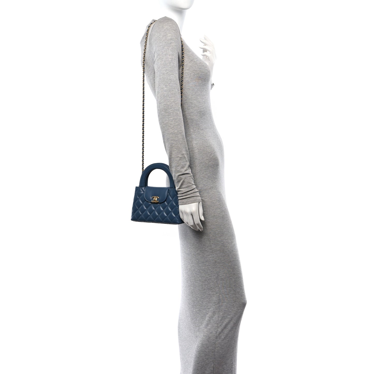 Shiny Aged Calfskin Quilted Nano Kelly Shopper Dark Blue