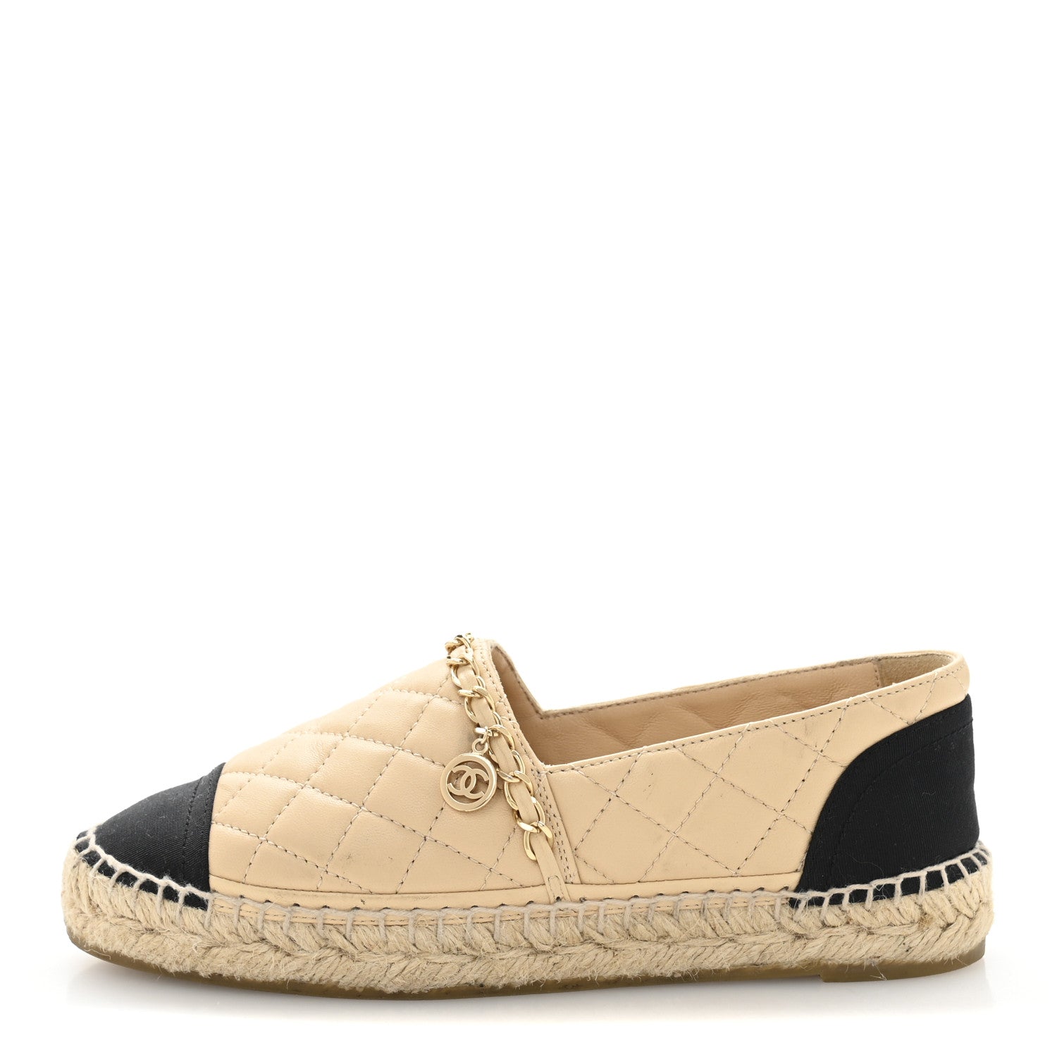 Chanel Lambskin Grosgrain Quilted CC Chain Espadrilles 35 Beige Black 1 of 11