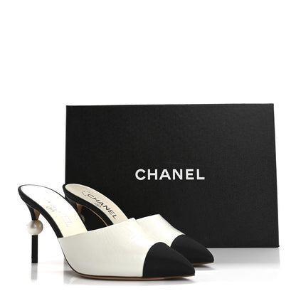 Chanel Patent Lambskin Grosgrain Cap Toe Pearl Mule 36.5 Ecru Black 14 of 14