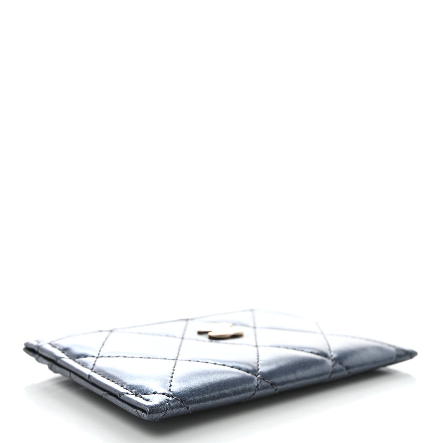 Metallic Lambskin Quilted Card Holder Wallet Dark Blue