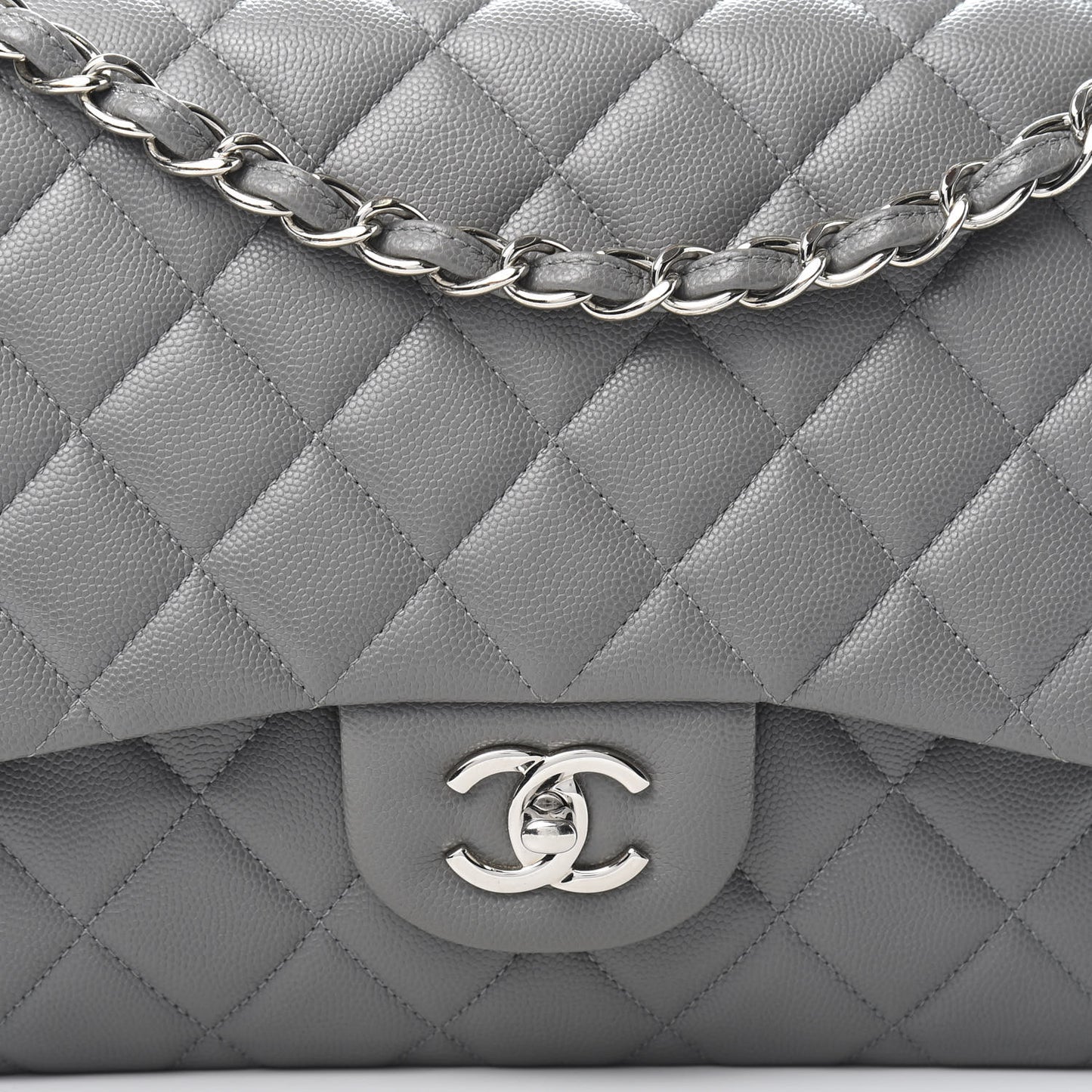 Caviar Quilted Jumbo Double Flap Grey