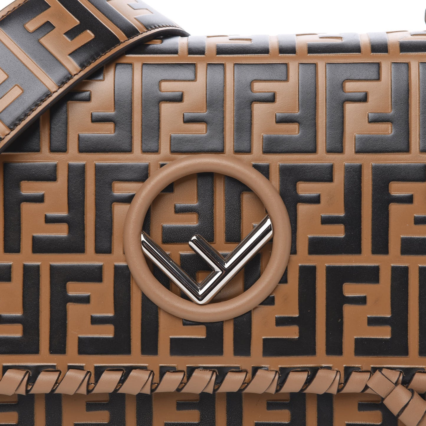 Vitello Century F is Fendi Whipstitch Threads FF Embossed Kan I Shoulder Bag Tobacco Orzo