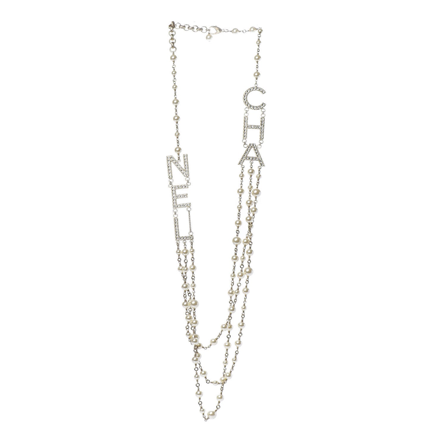 Pearl Crystal Cha-Nel Logo Necklace Gold