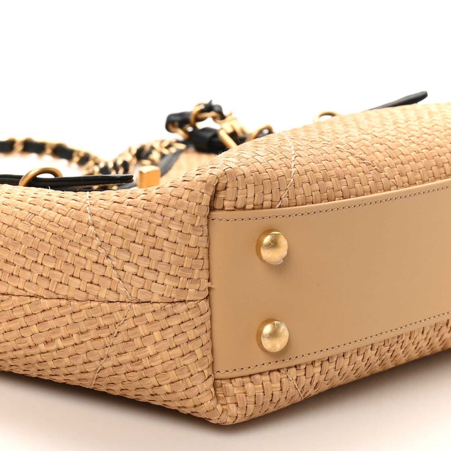 Braided Raffia Quilted Small Shopping Bag Dark Beige Black