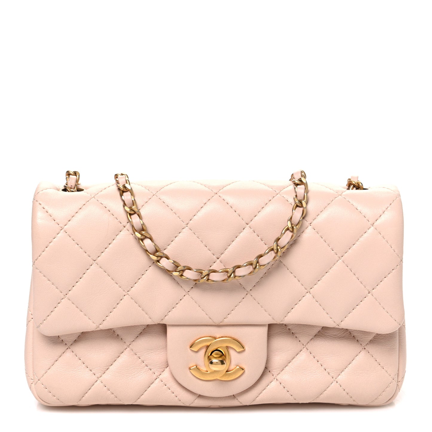 Lambskin Quilted Mini Rectangular Pearl Crush Flap Beige