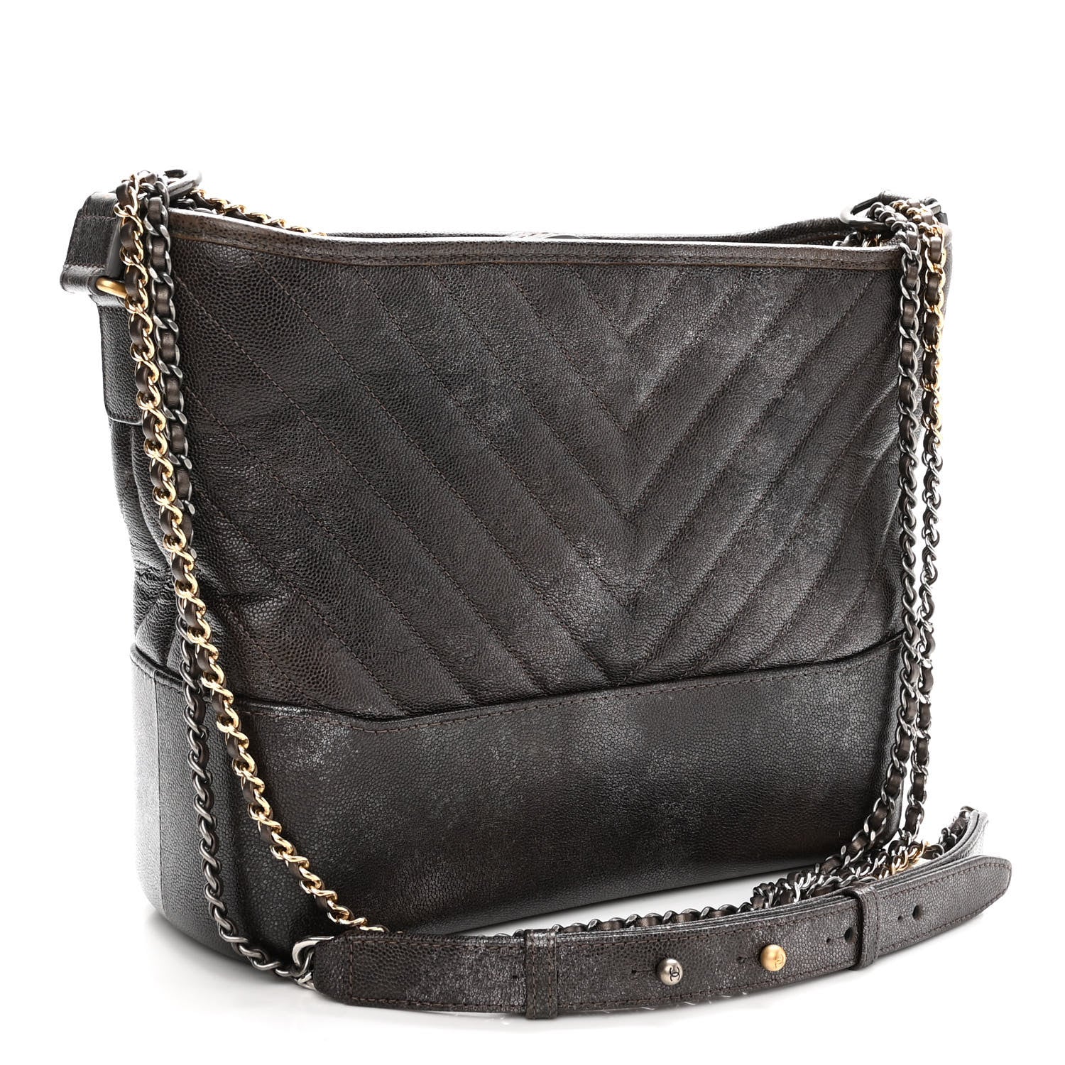 Chanel Metallic Caviar Chevron Quilted Medium Gabrielle Hobo Dark Silver Gold 3 of 10