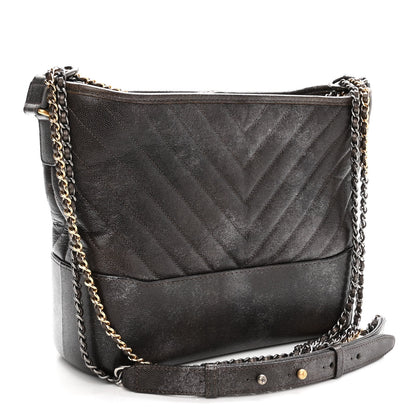 Chanel Metallic Caviar Chevron Quilted Medium Gabrielle Hobo Dark Silver Gold 3 of 10