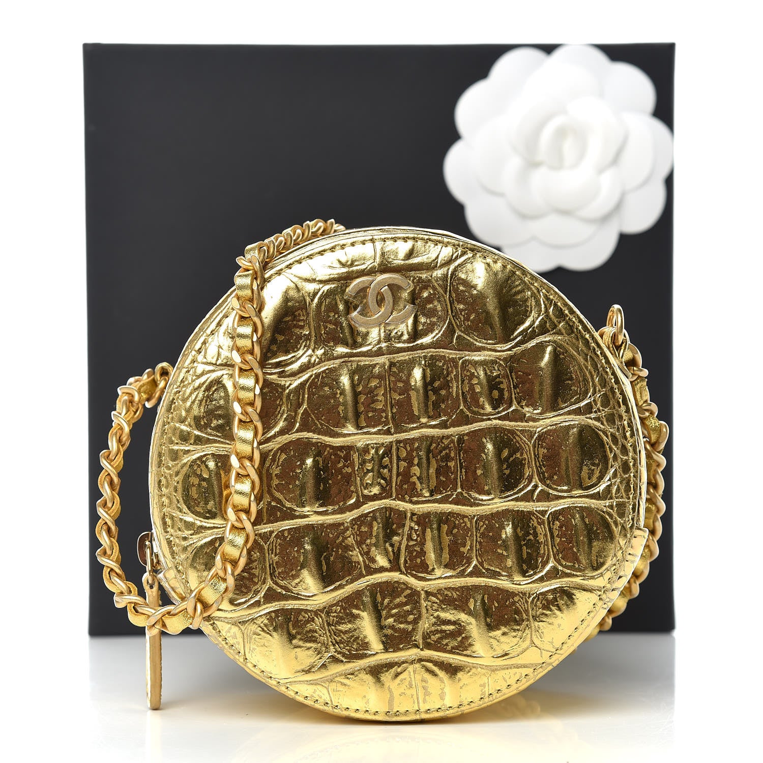 Chanel Metallic Calfskin Crocodile Embossed Cocodile Round Clutch with Chain Gold 8 of 8