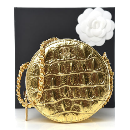 Chanel Metallic Calfskin Crocodile Embossed Cocodile Round Clutch with Chain Gold 8 of 8