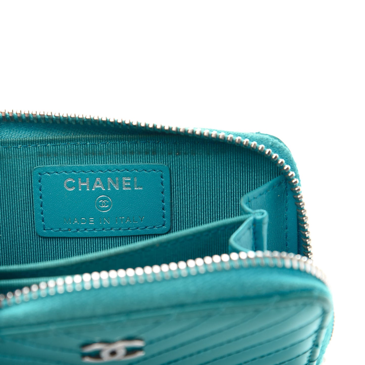 Patent Chevron Quilted Zip Around Coin Purse Turquoise