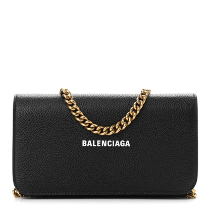 Balenciaga Grained Calfskin Logo Cash Phone Holder Wallet On Chain Black White 1 of 12