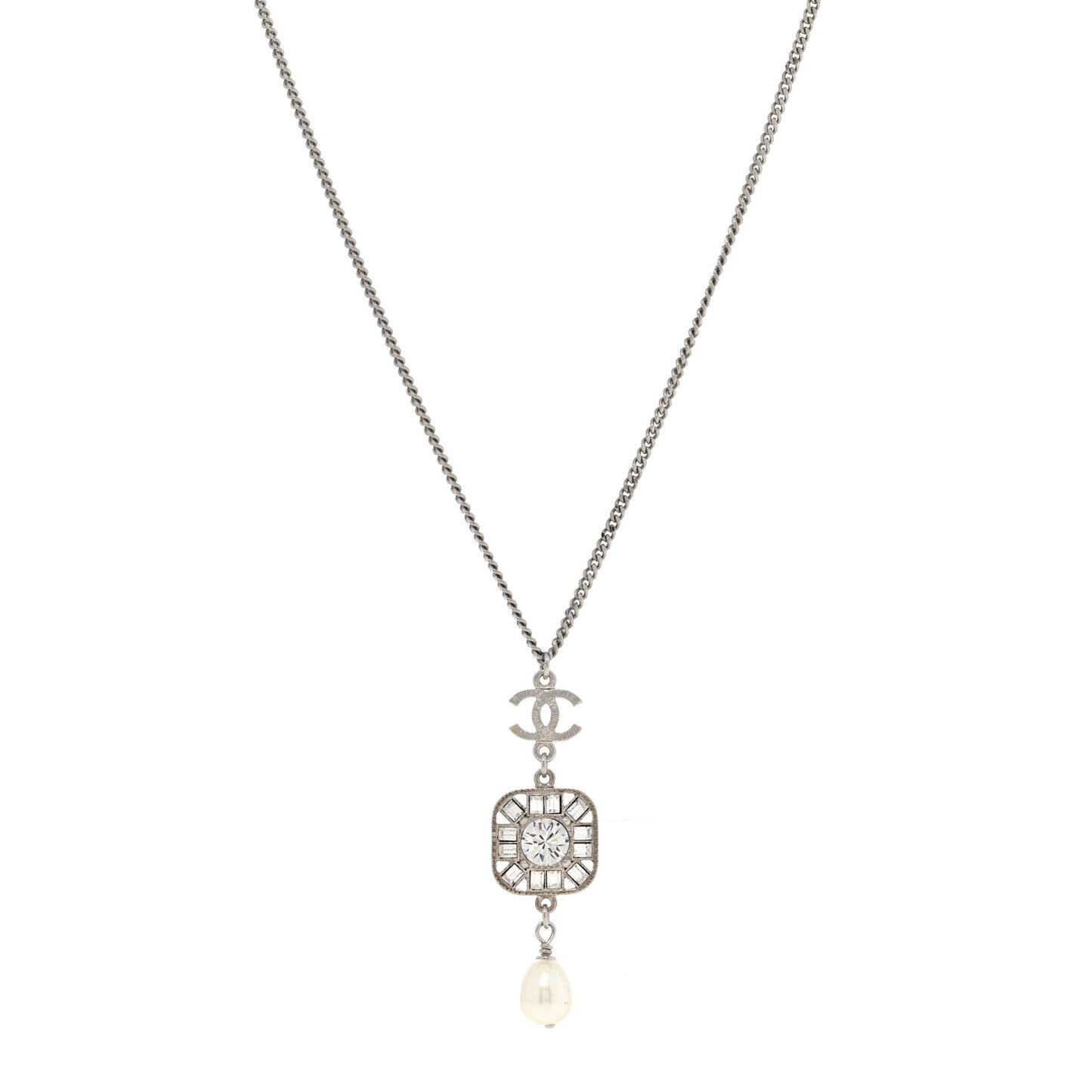 Baguette Crystal Pearl CC Pendant Necklace Silver