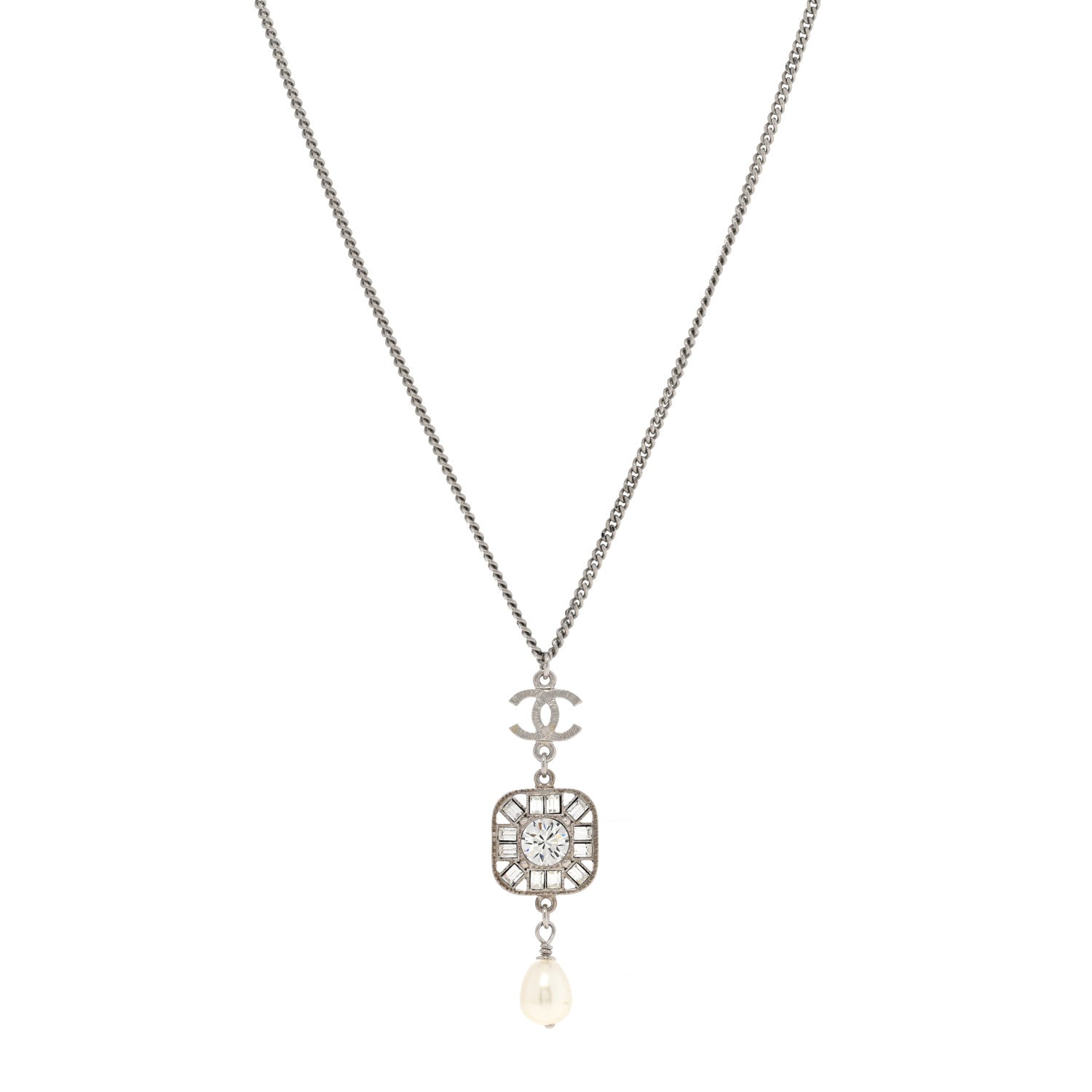 Chanel Baguette Crystal Pearl CC Pendant Necklace Silver 1 of 8
