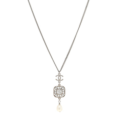 Chanel Baguette Crystal Pearl CC Pendant Necklace Silver 1 of 8