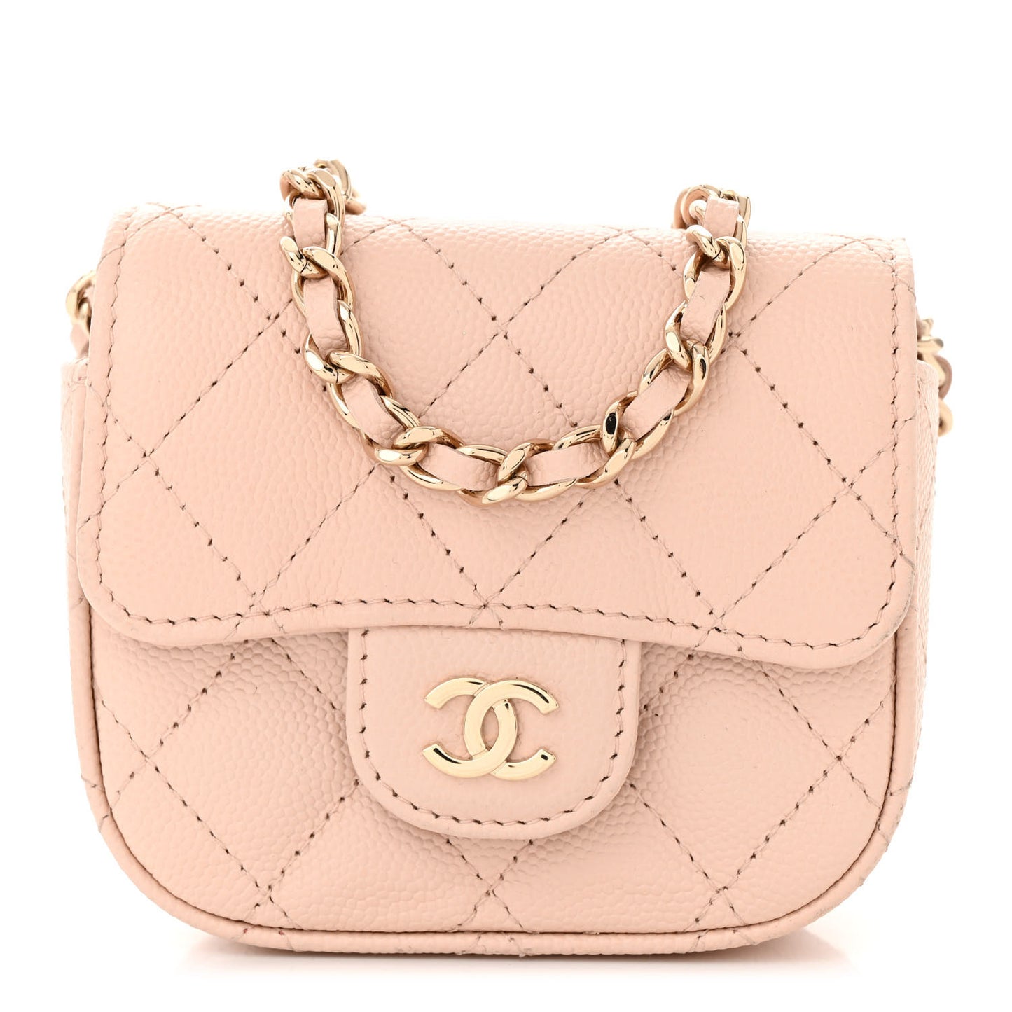Caviar Quilted Mini Clutch With Chain Light Beige