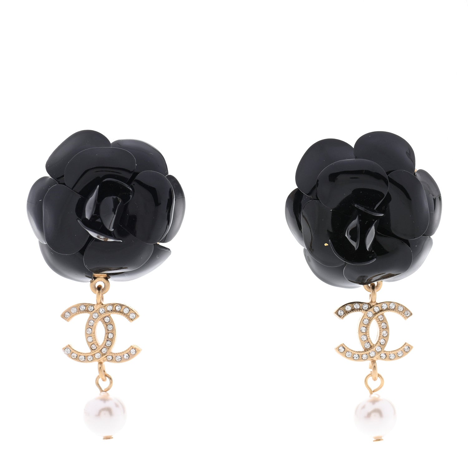 Chanel Enamel Crystal Pearl CC Camellia Drop Earrings Black Gold 1 of 5