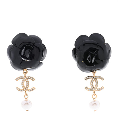 Chanel Enamel Crystal Pearl CC Camellia Drop Earrings Black Gold 1 of 5