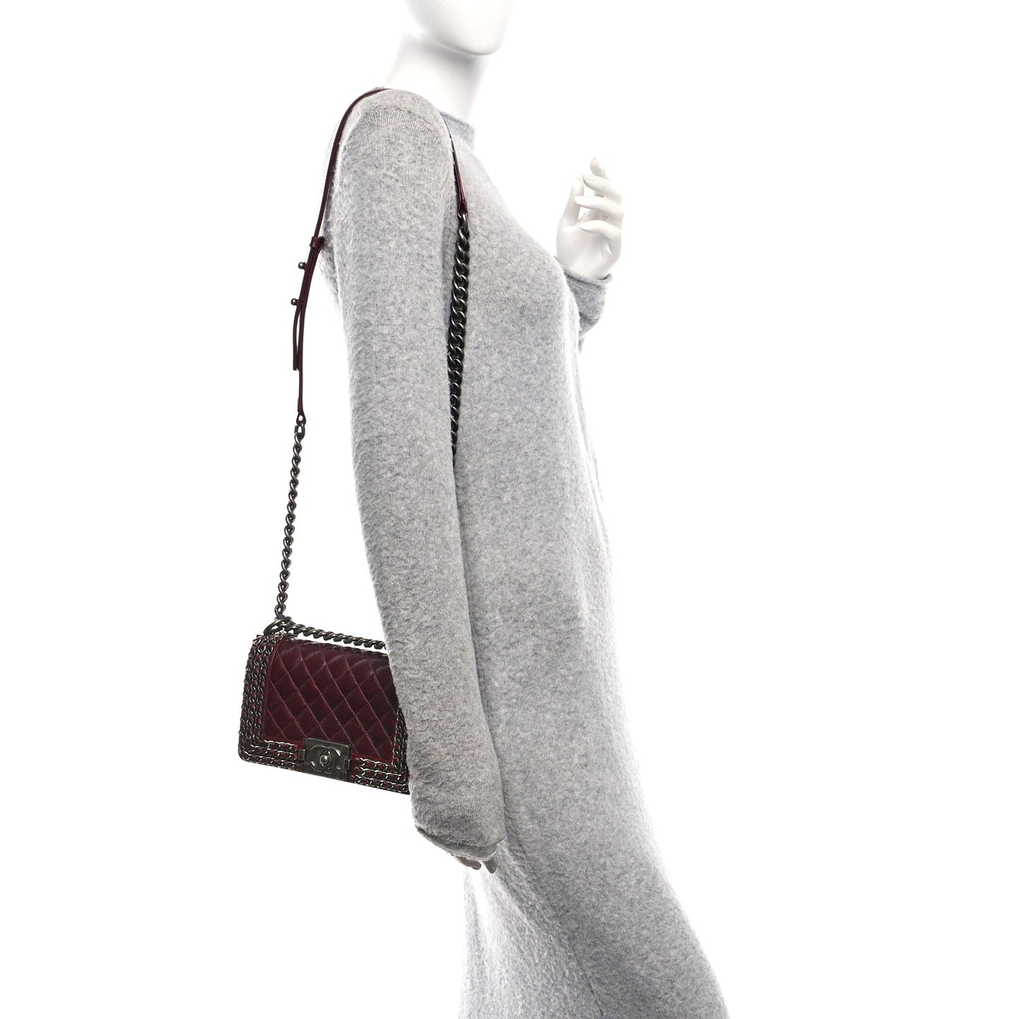 Glazed Calfskin Quilted Small Boy Chained Flap Burgundy