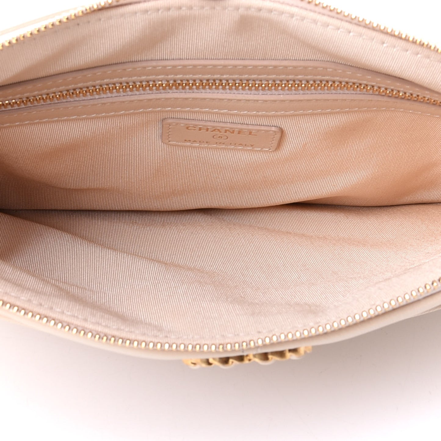 Shiny Goatskin Quilted Chanel 19 Pouch Beige