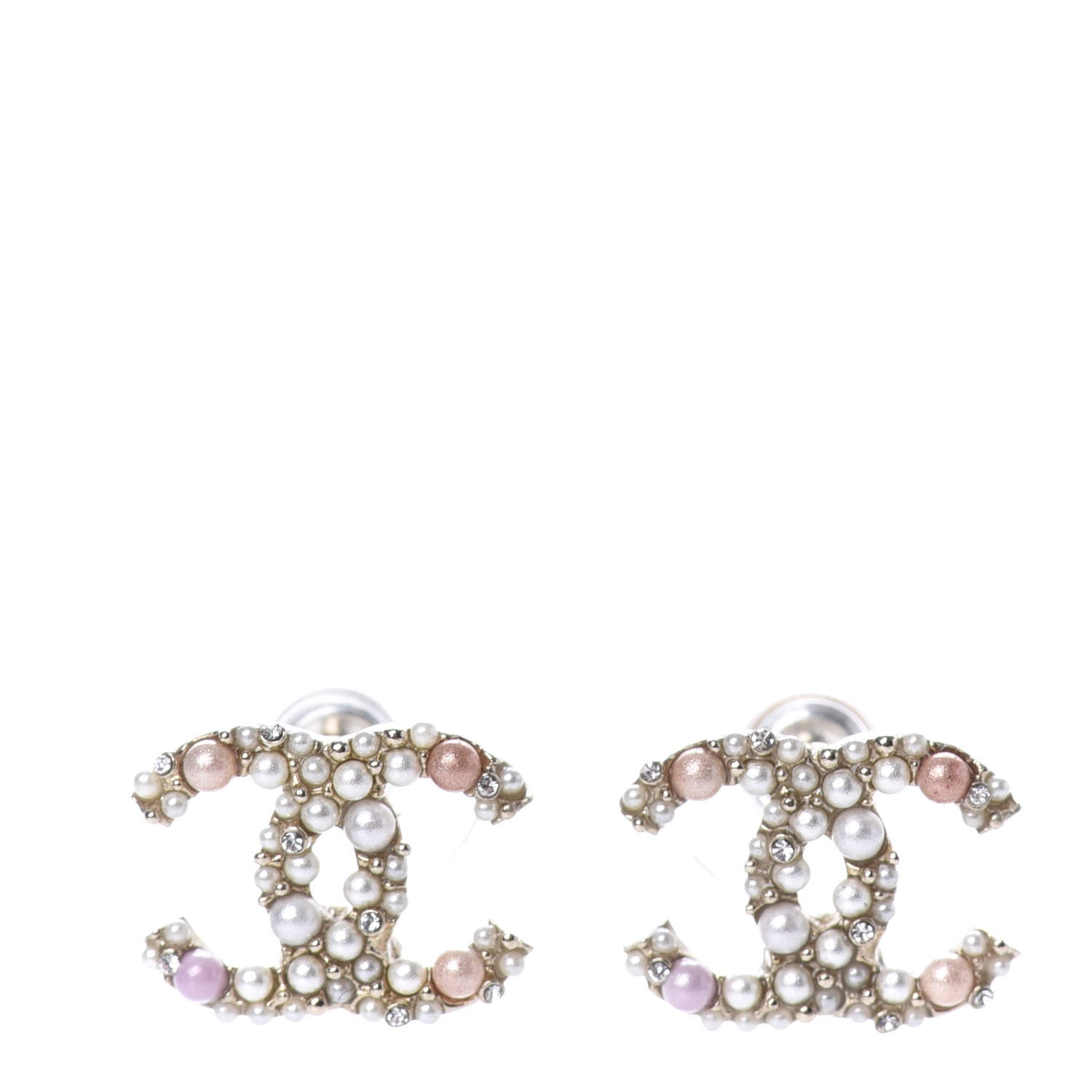 Chanel Pearl Crystal CC Charms Stud Earrings Light Gold Pink 1 of 5