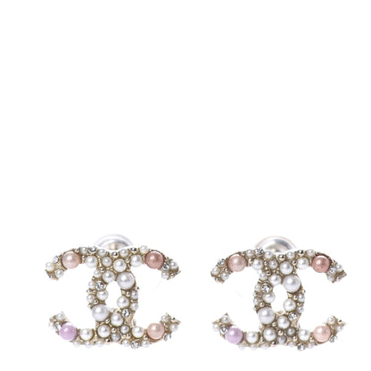 Chanel Pearl Crystal CC Charms Stud Earrings Light Gold Pink 1 of 5